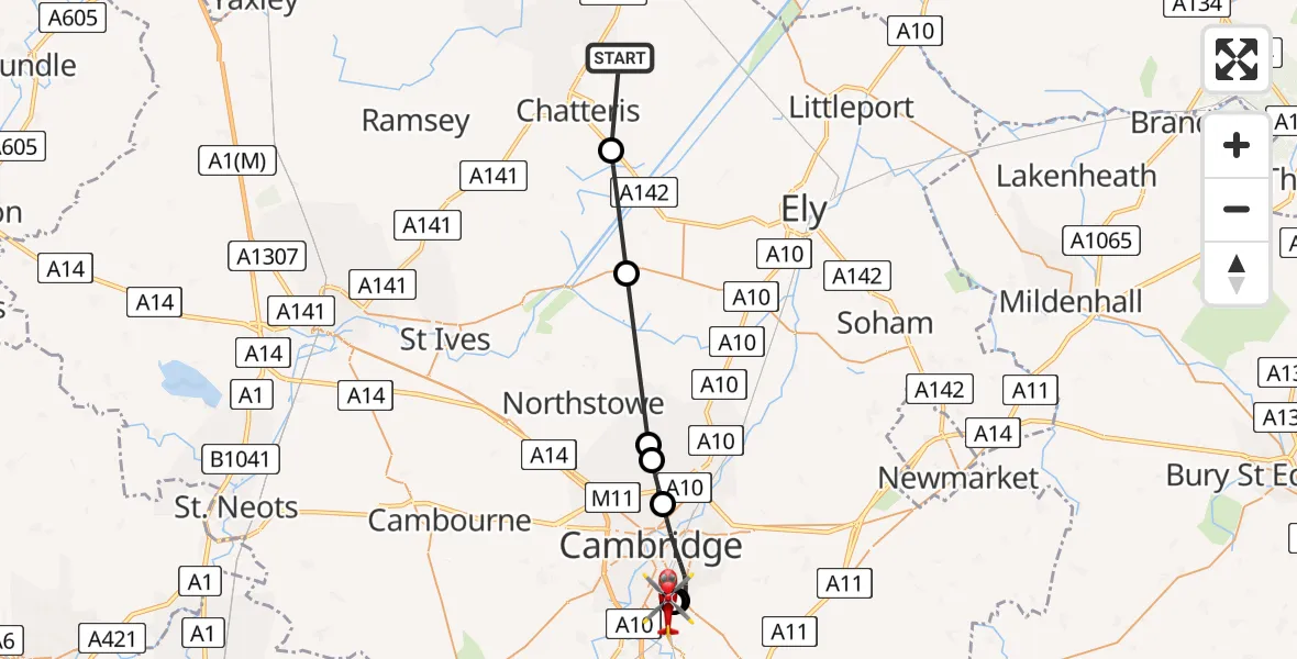 Flight route Air Ambulance Helicopter Chatteris Airfield - Papworth Hospital, 06 August 2026, 10:48