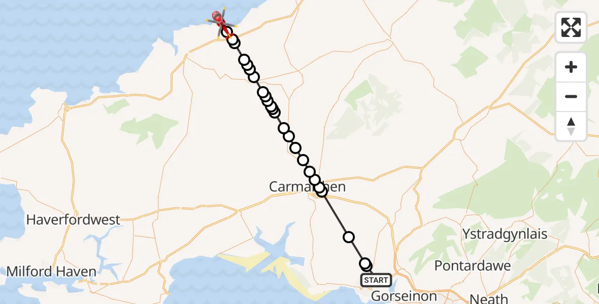 Flight route Air Ambulance Helicopter Dafen - Aberporth, 06 August 2026, 10:49