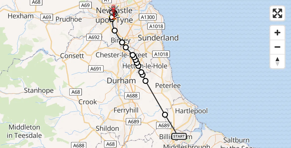 Flight route Air Ambulance Helicopter Billingham - Haymarket, 06 August 2026, 10:50