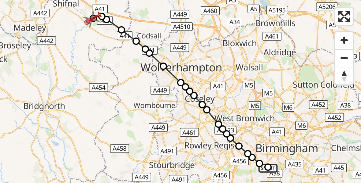Flight route Air Ambulance Helicopter Queen Elizabeth Hospital Helipad - Cosford, 06 August 2026, 11:11