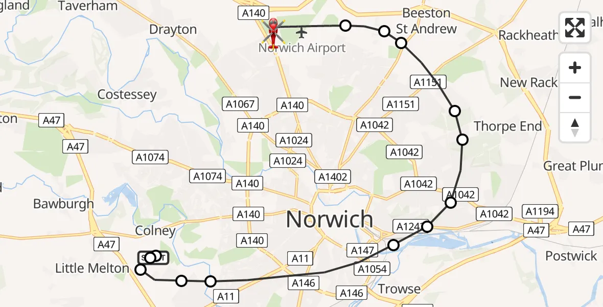 Flight route Air Ambulance Helicopter Norfolk & Norwich Hospital - Norwich Airport, 06 August 2026, 11:12