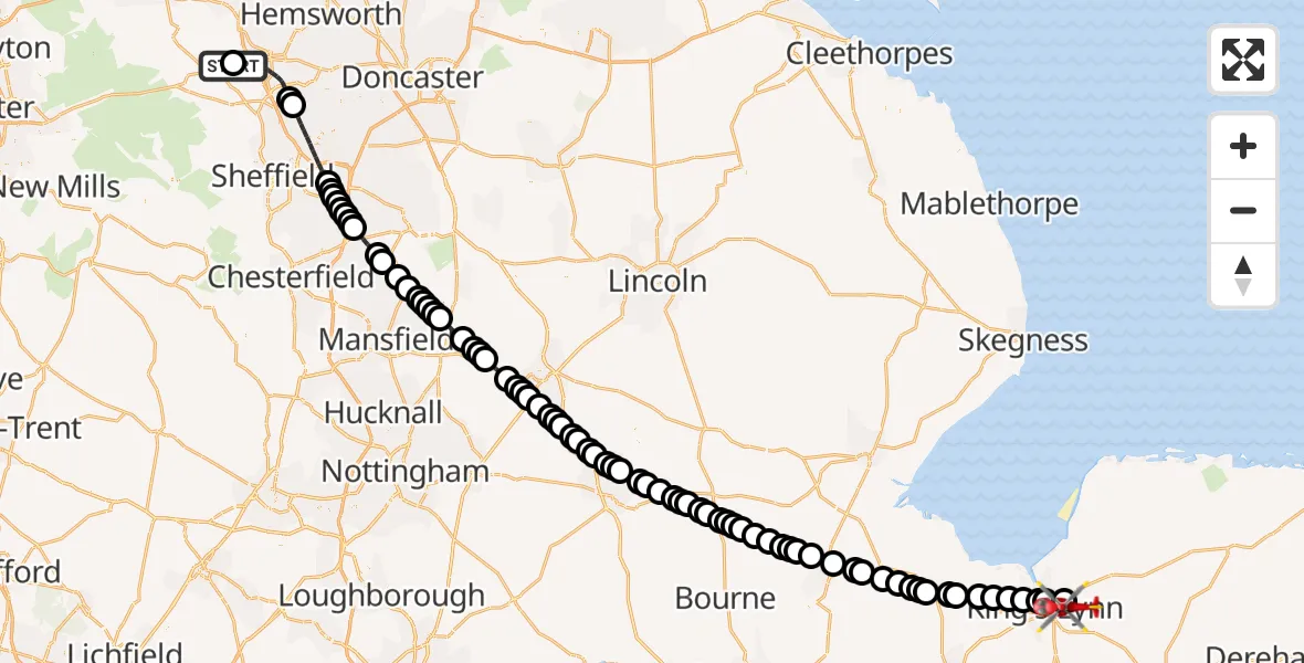 Flight route Air Ambulance Helicopter Barnsley - King's Lynn and West Norfolk, 06 August 2026, 11:16