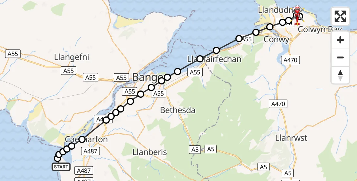 Flight route Air Ambulance Helicopter Caernarfon Airport - Llandudno Junction, 06 August 2026, 11:48