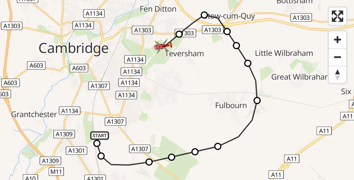 Flight route Air Ambulance Helicopter Papworth Hospital - Cambridge City Airport, 06 August 2026, 11:51