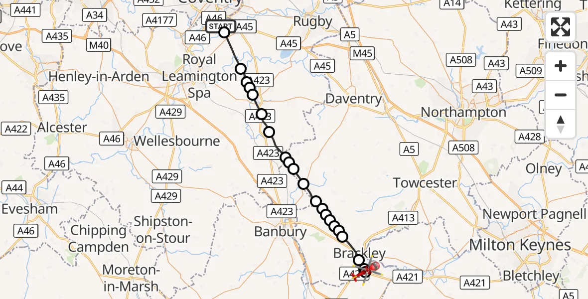 Flight route Air Ambulance Helicopter Coventry Airport - Evenley, 06 August 2026, 11:51