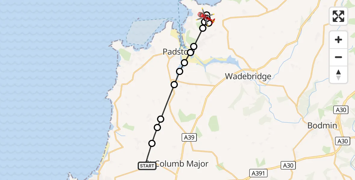 Flight route Air Ambulance Helicopter Cornwall Airport Newquay - Polzeath, 06 August 2026, 11:57