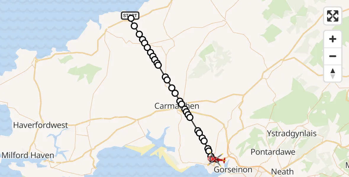 Flight route Air Ambulance Helicopter Aberporth - Dafen, 06 August 2026, 12:00