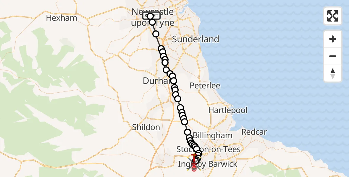 Flight route Air Ambulance Helicopter Newcastle Royal Victoria Infirmary - Egglescliffe, 06 August 2026, 12:11