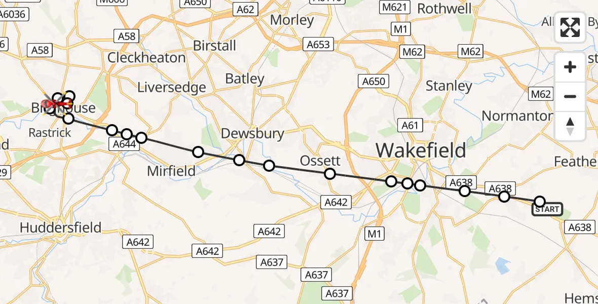 Flight route Air Ambulance Helicopter YAA Nostell Helicopter Port - Brighouse, 06 August 2026, 12:11