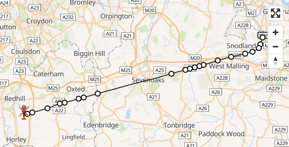 Flight route Air Ambulance Helicopter Rochester Airport - Redhill Aerodrome, 06 August 2026, 12:34