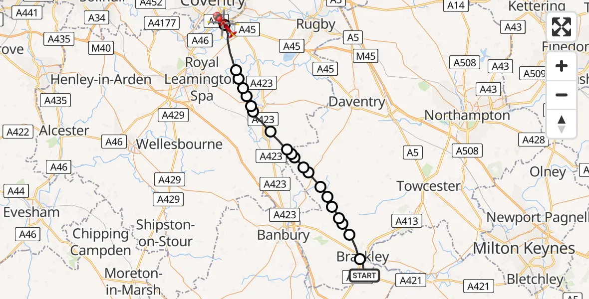 Flight route Air Ambulance Helicopter Evenley - Coventry Airport, 06 August 2026, 12:36