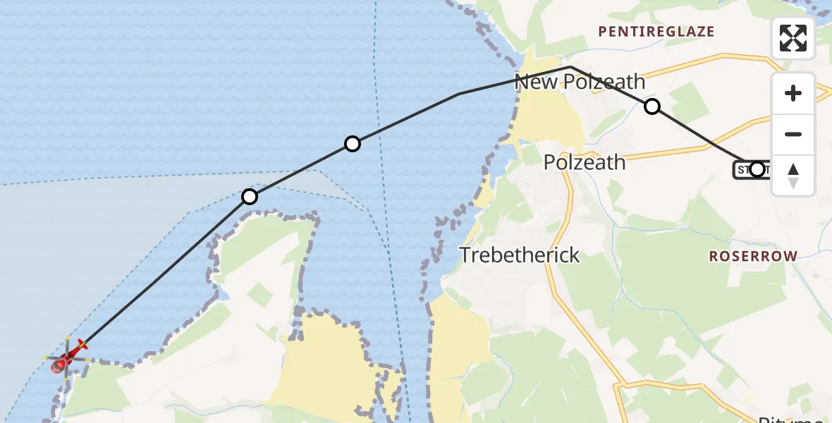 Flight route Air Ambulance Helicopter Pityme - Padstow, 06 August 2026, 12:44