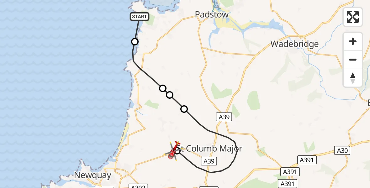 Flight route Air Ambulance Helicopter Constantine Bay - Cornwall Airport Newquay, 06 August 2026, 12:49