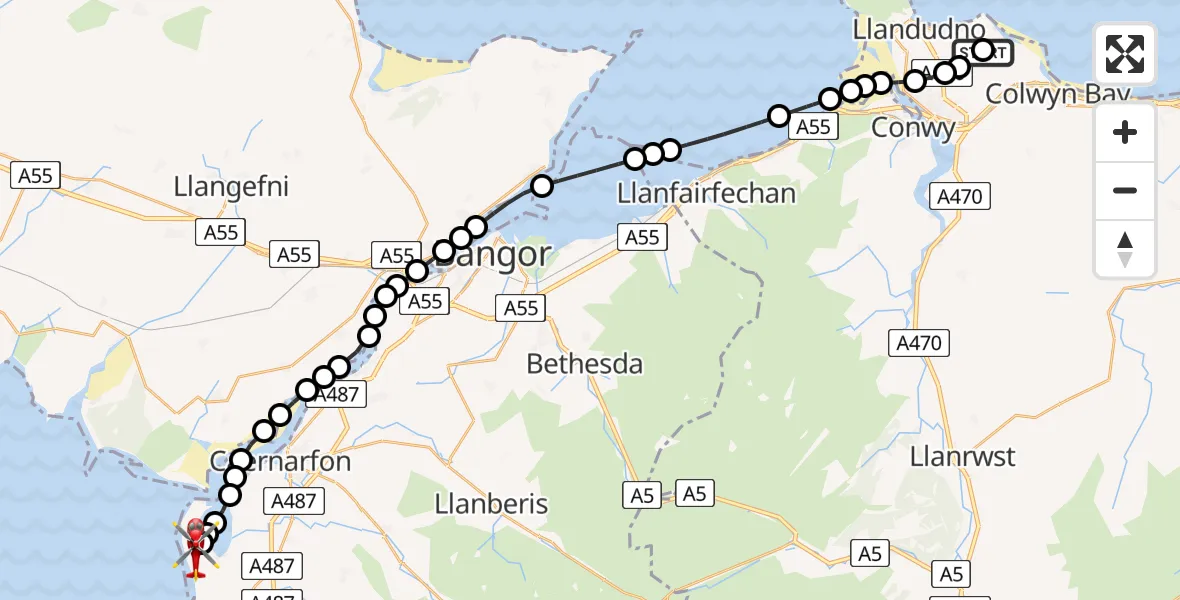 Flight route Air Ambulance Helicopter Penrhyn-Side - Caernarfon Airport, 06 August 2026, 12:51