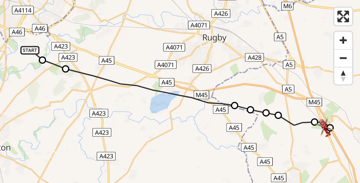 Flight route Air Ambulance Helicopter Coventry Airport - Long Buckby, 06 August 2026, 12:57