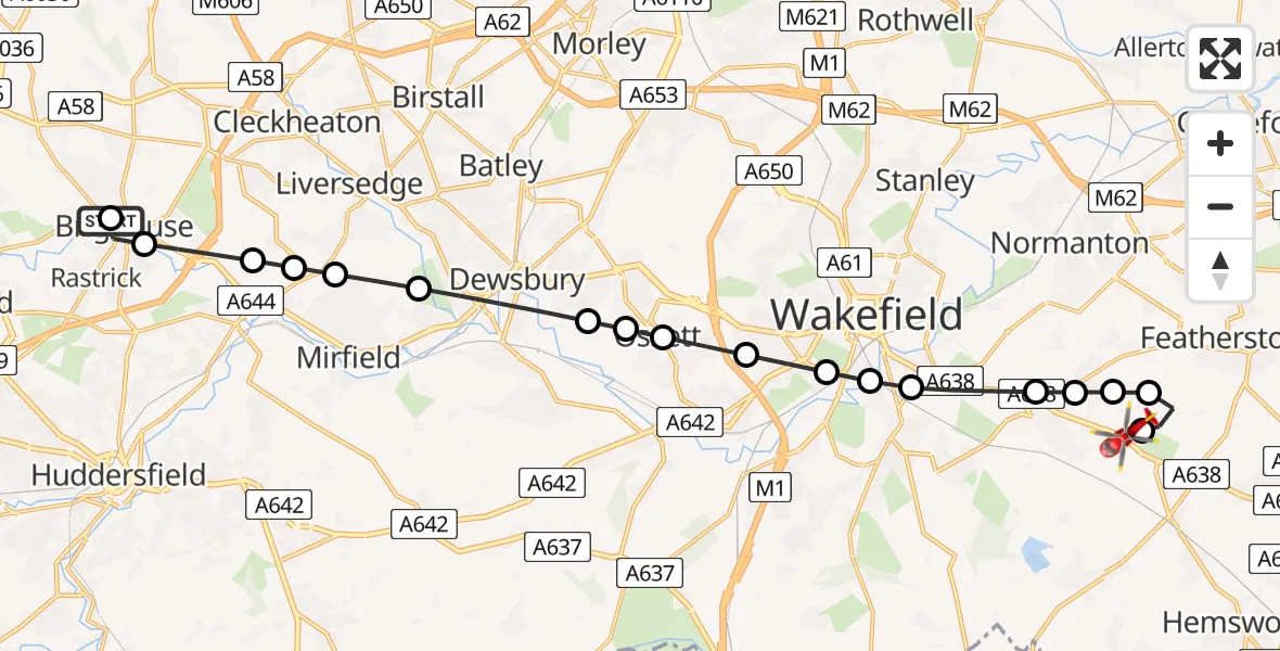 Flight route Air Ambulance Helicopter Brighouse - YAA Nostell Helicopter Port, 06 August 2026, 13:06