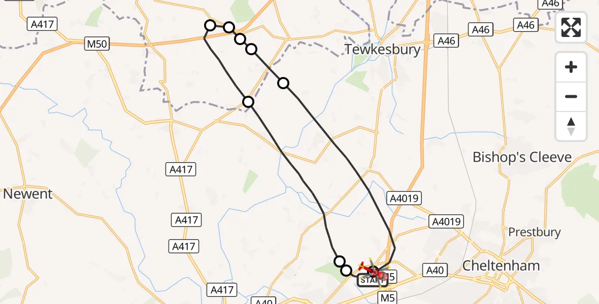 Flight route Air Ambulance Helicopter Gloucestershire Airport - Gloucestershire Airport, 06 August 2026, 13:08