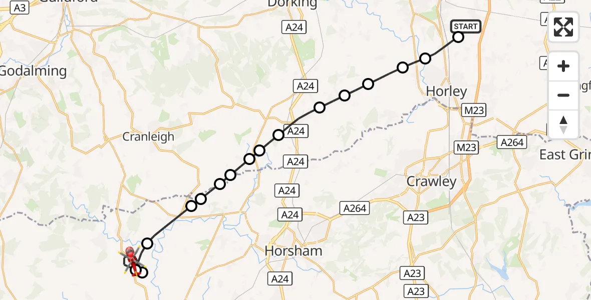 Flight route Air Ambulance Helicopter Redhill Aerodrome - Loxwood, 06 August 2026, 13:15