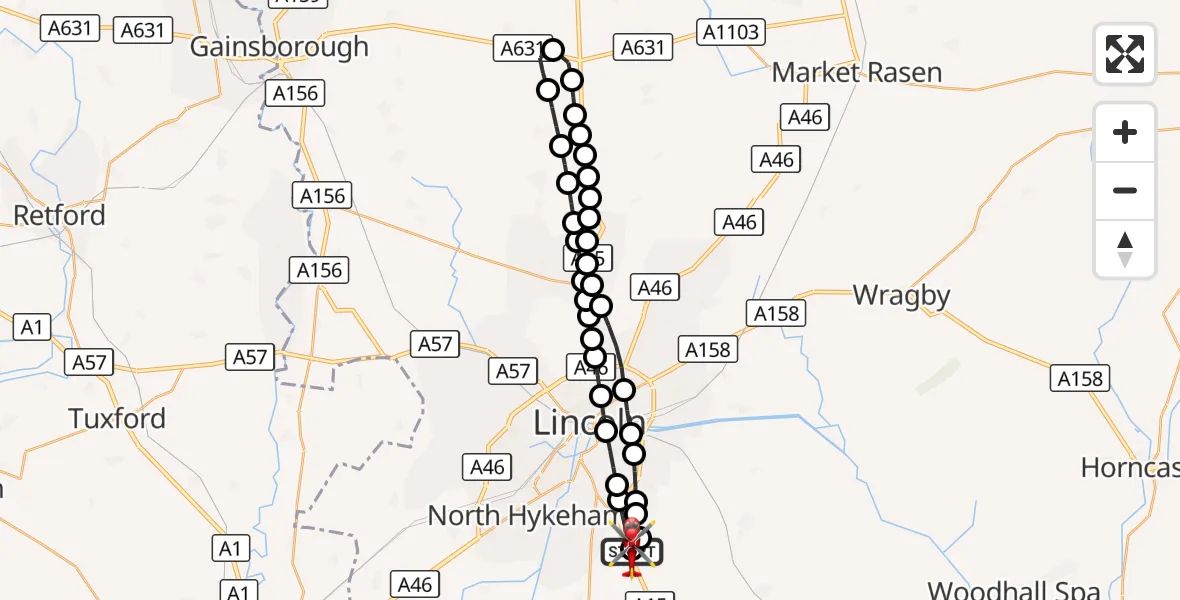 Flight route Air Ambulance Helicopter RAF Waddington - North Kesteven, 06 August 2026, 13:15