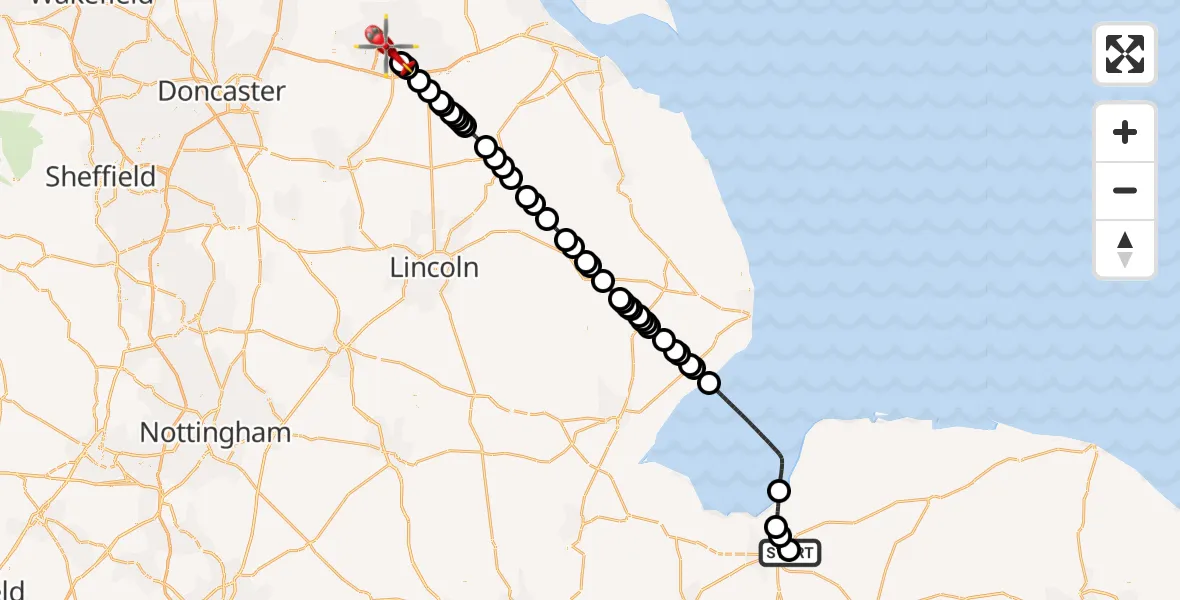 Flight route Air Ambulance Helicopter Queen Elizabeth Hospital - Scunthorpe, 06 August 2026, 13:21