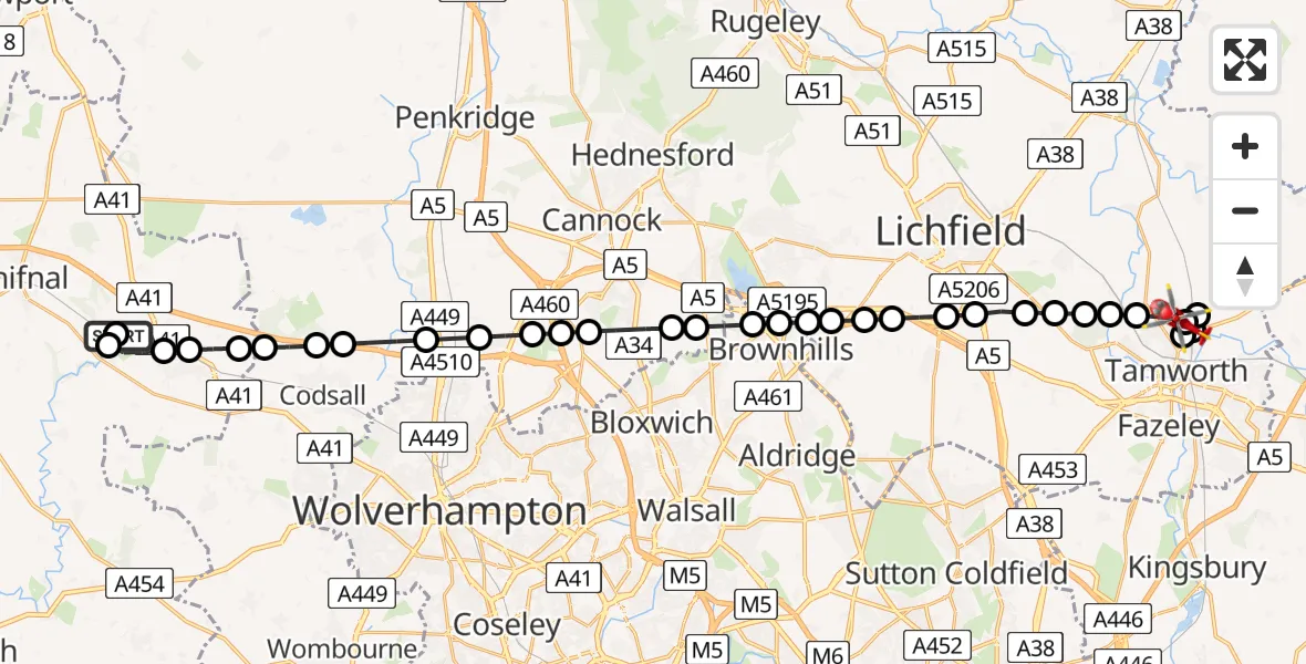 Flight route Air Ambulance Helicopter RAF Cosford - Tamworth, 06 August 2026, 13:24