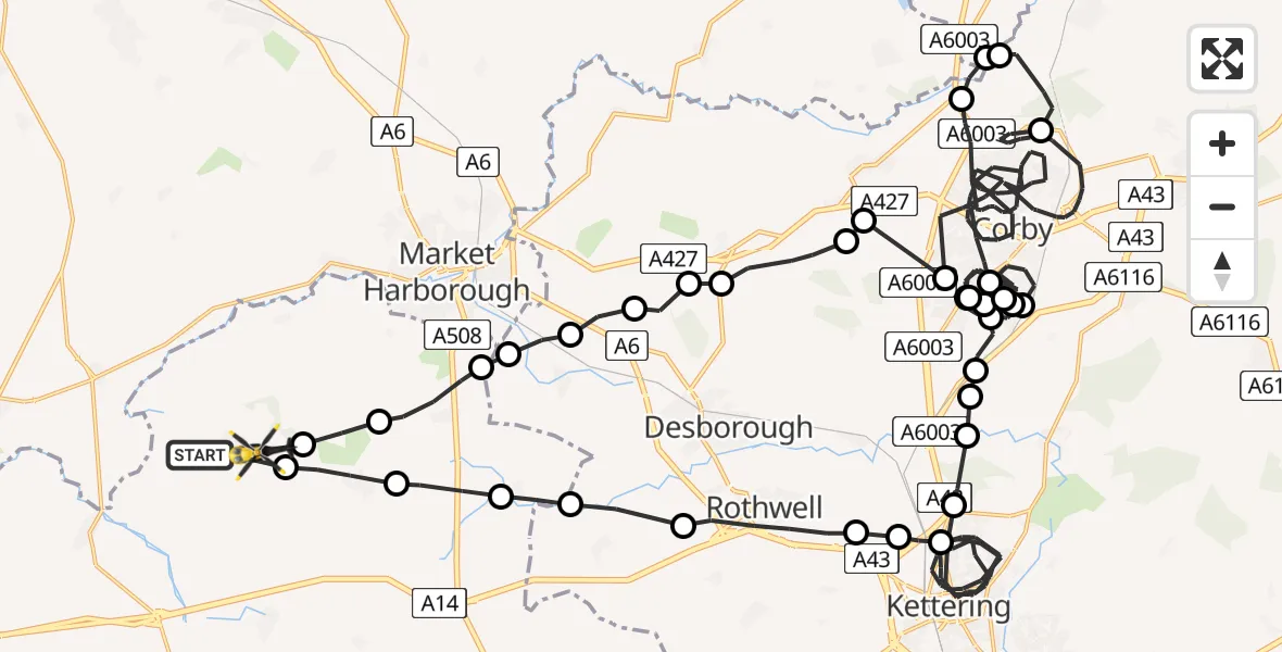 Flight route Police Helicopter Sibbertoft - Marston Trussell, 06 August 2026, 13:28