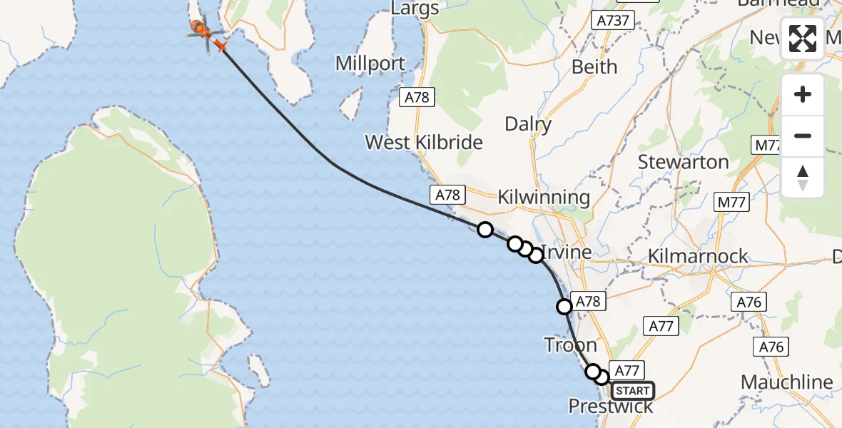 Flight route Coastguard Helicopter Glasgow Prestwick Airport - Inner Seas, 06 August 2026, 13:29
