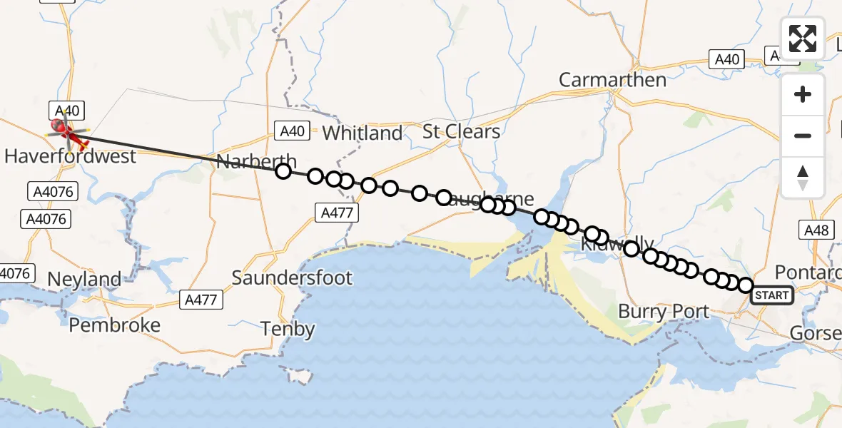 Flight route Air Ambulance Helicopter Dafen - Haverfordwest, 06 August 2026, 14:01