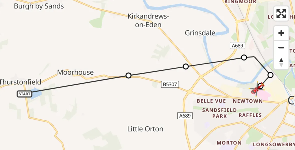 Flight route Air Ambulance Helicopter Thurstonfield - Carlisle General, 06 August 2026, 14:07