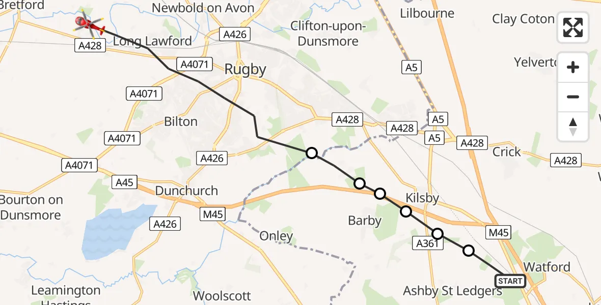 Flight route Air Ambulance Helicopter Watford - Rugby, 06 August 2026, 14:10