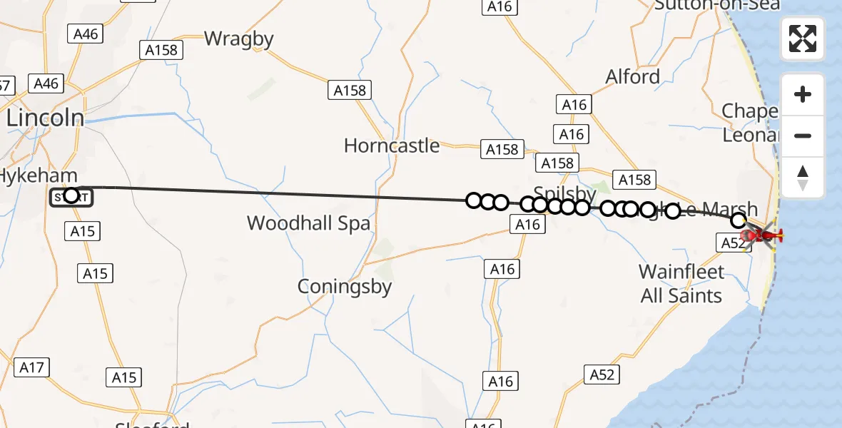 Flight route Air Ambulance Helicopter RAF Waddington - Skegness, 06 August 2026, 14:11