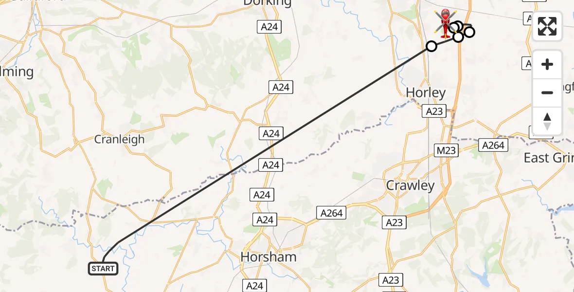 Flight route Air Ambulance Helicopter Loxwood - Redhill Aerodrome, 06 August 2026, 14:13