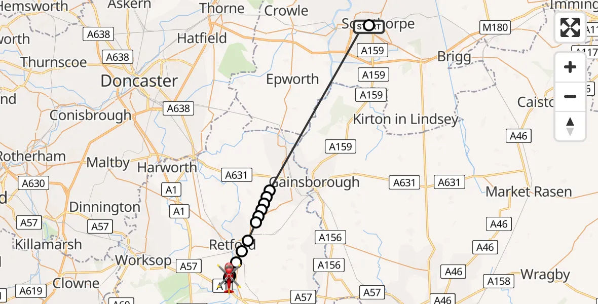 Flight route Air Ambulance Helicopter Scunthorpe Hospital - Retford Gamston Airport, 06 August 2026, 14:14