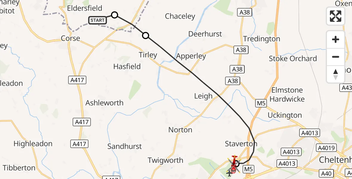 Flight route Air Ambulance Helicopter Eldersfield - Gloucestershire Airport, 06 August 2026, 14:21