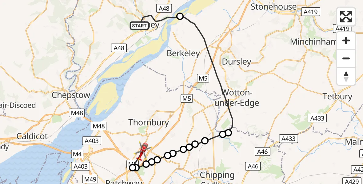 Flight route Air Ambulance Helicopter Lydney - Hortham, 06 August 2026, 14:21