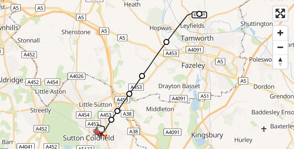 Flight route Air Ambulance Helicopter Lichfield - Sutton Coldfield, 06 August 2026, 14:28