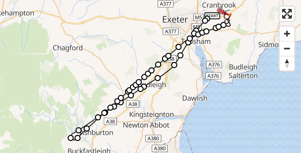 Flight route Air Ambulance Helicopter Exeter International Airport - Rockbeare, 06 August 2026, 14:29