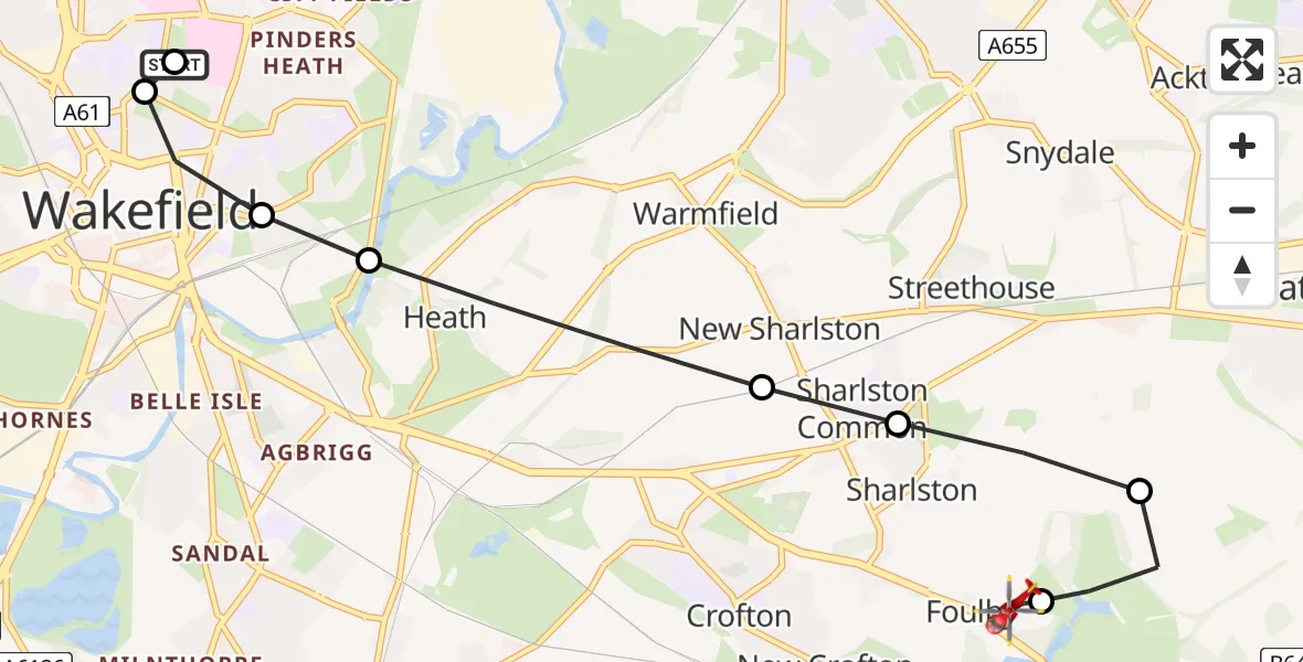 Flight route Air Ambulance Helicopter Newton Hill - YAA Nostell Helicopter Port, 06 August 2026, 14:31