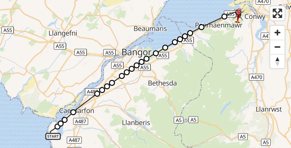 Flight route Air Ambulance Helicopter Caernarfon Airport - Conwy, 06 August 2026, 14:34