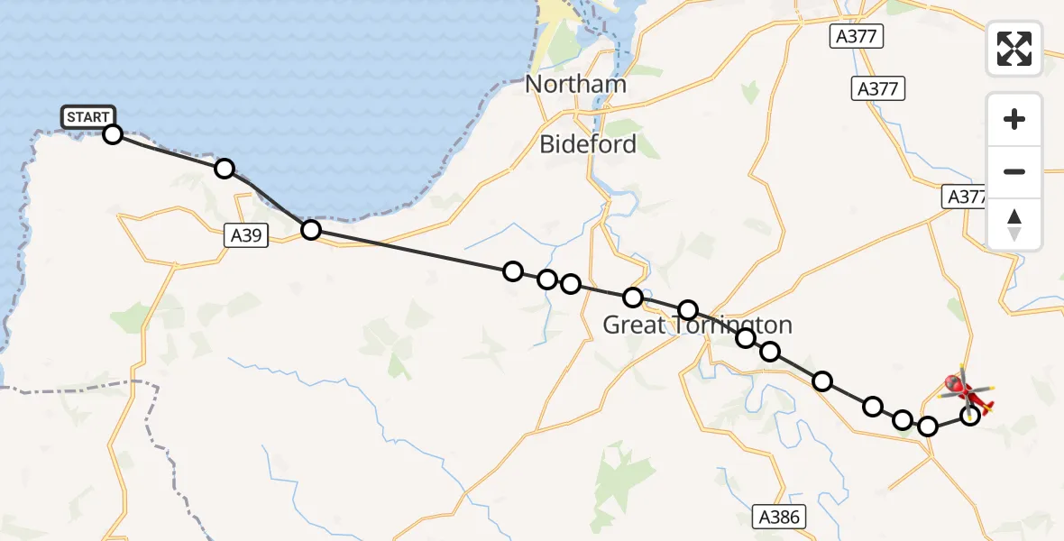 Flight route Air Ambulance Helicopter Bristol Channel - Ashreigney, 06 August 2026, 14:37