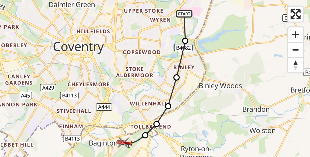 Flight route Air Ambulance Helicopter University Hospital Coventry - Coventry Airport, 06 August 2026, 14:48