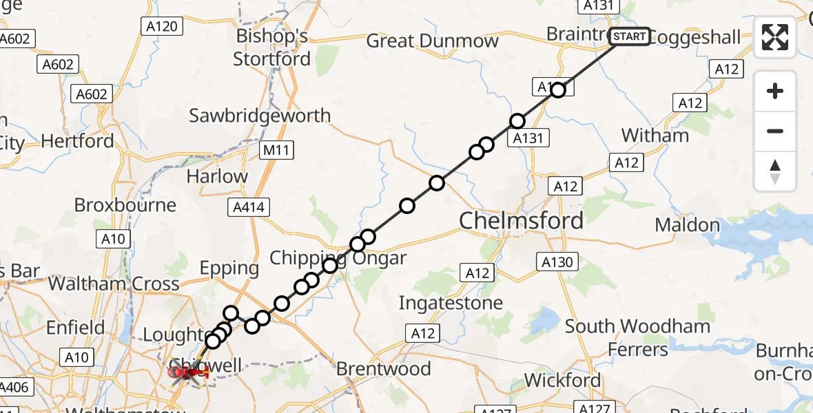 Flight route Air Ambulance Helicopter Braintree - Chigwell, 06 August 2026, 15:07