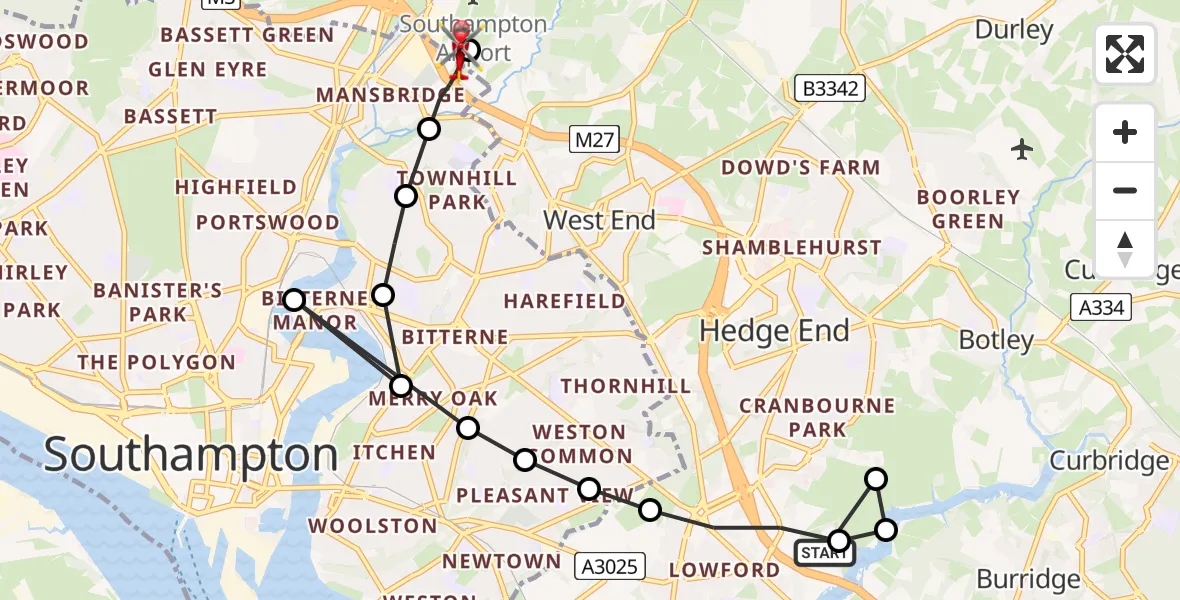 Flight route Air Ambulance Helicopter Eastleigh - Southampton Airport, 06 August 2026, 15:07