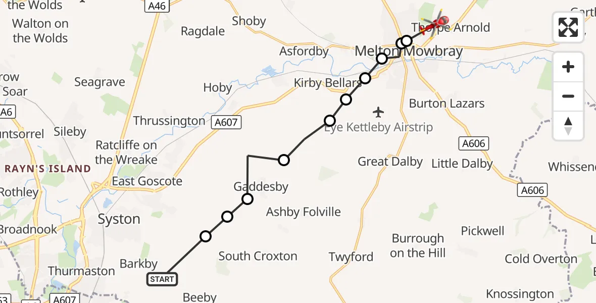 Flight route Air Ambulance Helicopter Barkby - Thorpe Arnold, 06 August 2026, 15:07