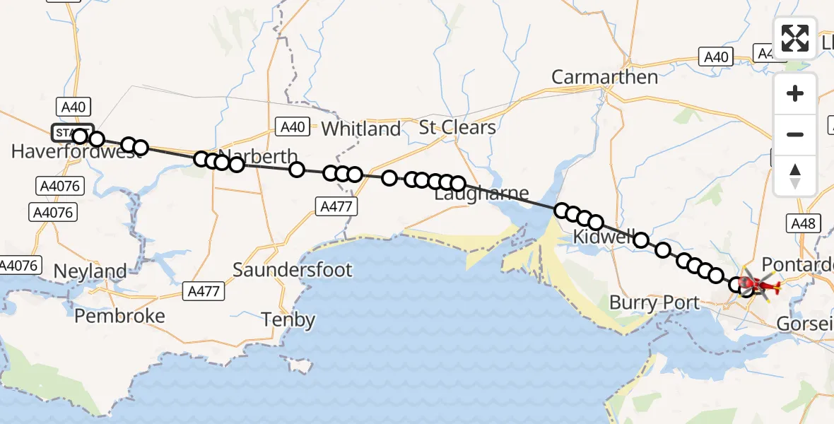 Flight route Air Ambulance Helicopter Camrose - Dafen, 06 August 2026, 15:07