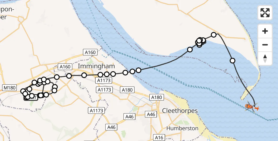 Flight route Coastguard Helicopter Humberside Airport - North Sea, 06 August 2026, 15:15