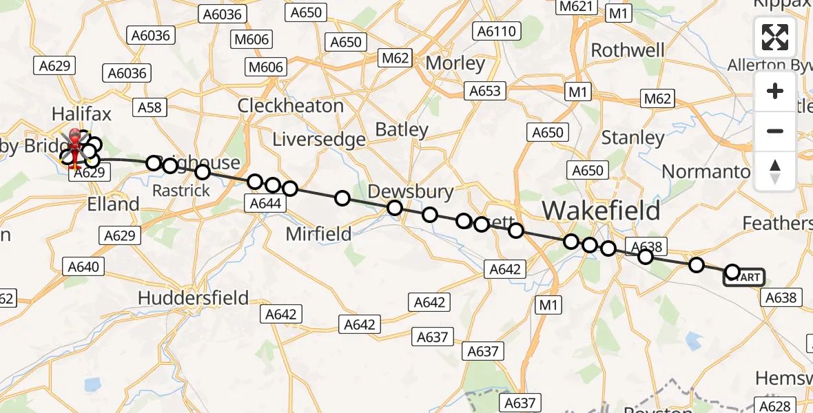 Flight route Air Ambulance Helicopter YAA Nostell Helicopter Port - Skircoat Green, 06 August 2026, 15:21