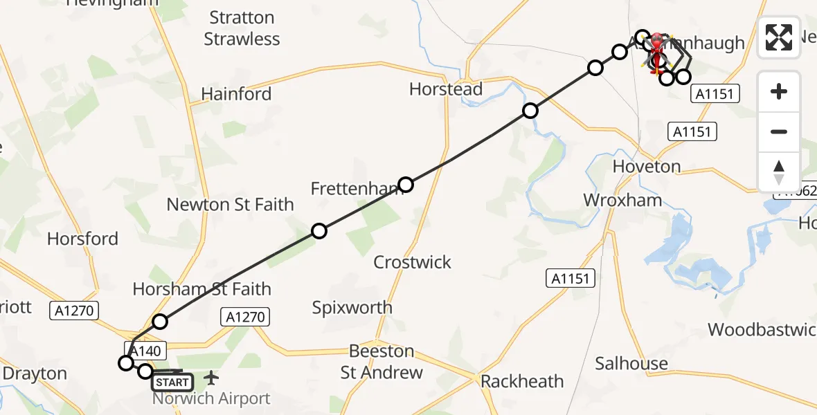 Flight route Air Ambulance Helicopter Norwich Airport - Tunstead, 06 August 2026, 15:25