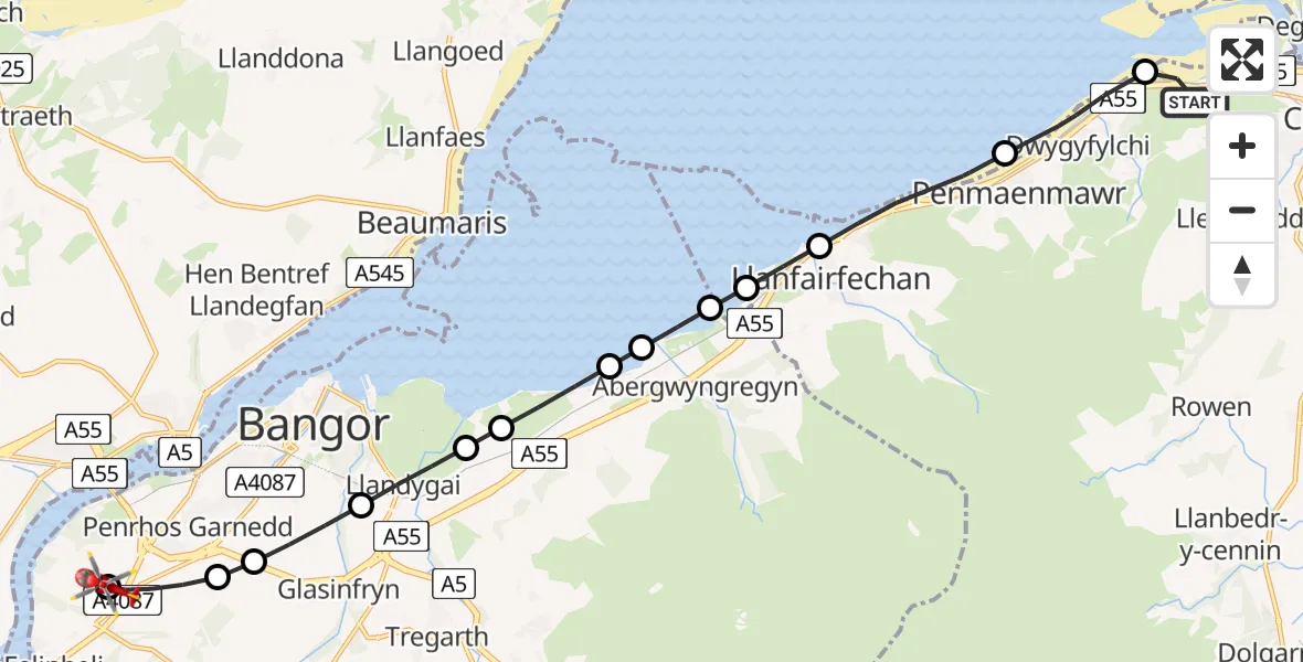 Flight route Air Ambulance Helicopter Conwy - Aber Pwll, 06 August 2026, 15:30