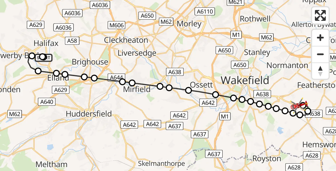 Flight route Air Ambulance Helicopter Skircoat Green - YAA Nostell Helicopter Port, 06 August 2026, 15:40